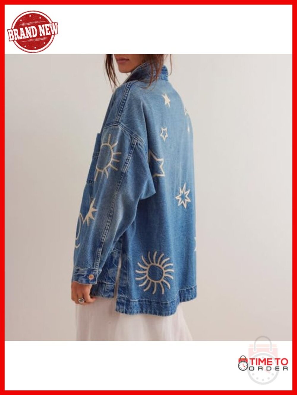 Vintage Oversized Denim Jacket with Embroidered Sun & Moon - Button Down Casual - Picture 4 of 4